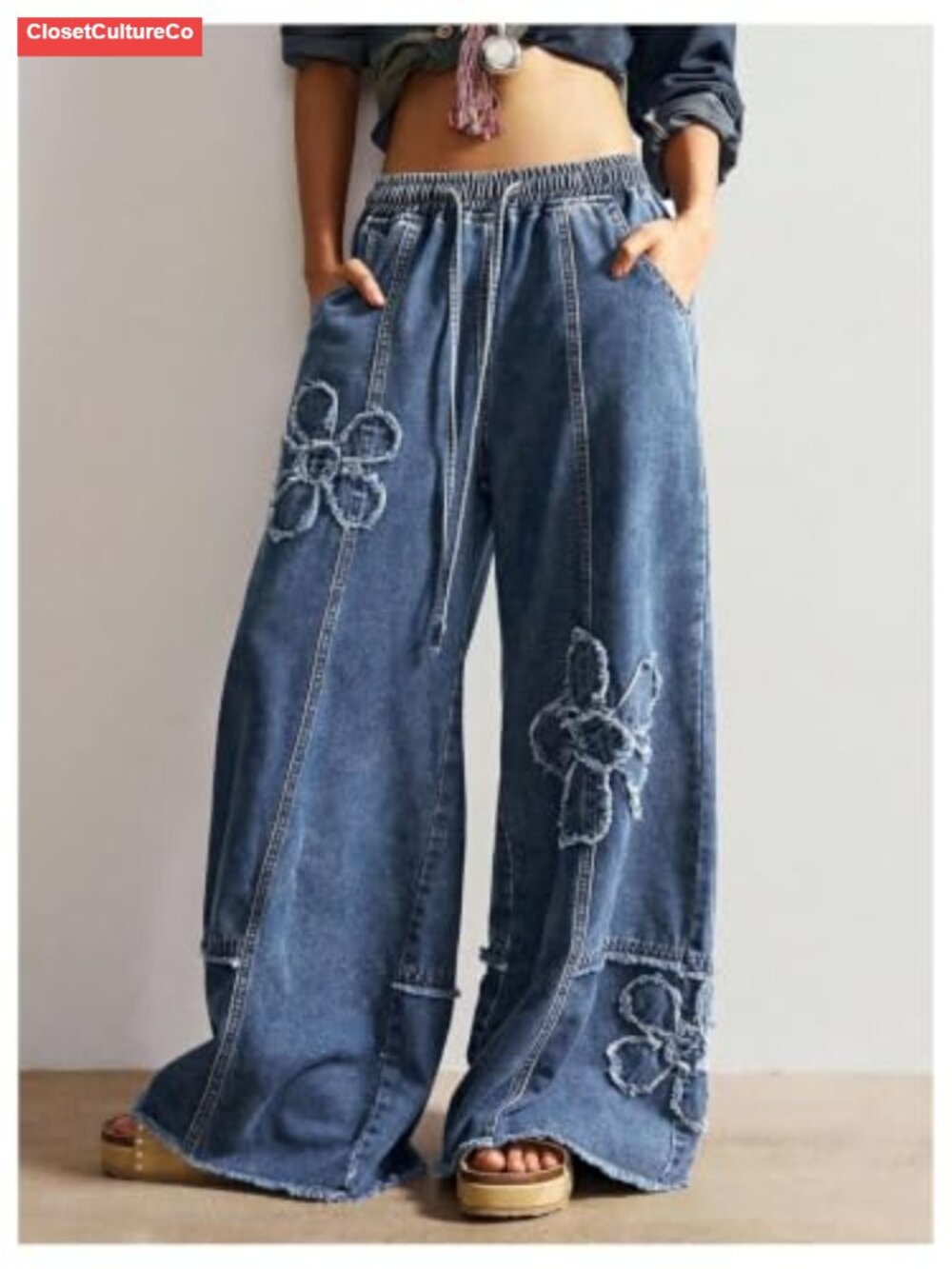 Y2K Baggy Wide Leg Boyfriend Jeans Low Rise Drawstring Loose Fit Denim Pants - Picture 4 of 5